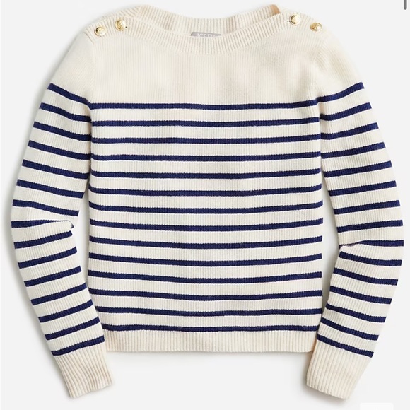 J.Crew Cashmere Navy Blue Striped Boatneck Sweater With Shoulder Button - Picture 1 of 4